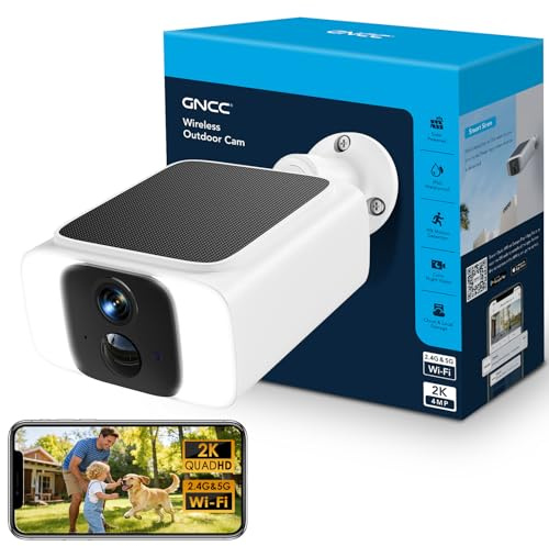 GNCC 2K 4MP Camara Vigilancia WiFi Exterior Solar, 2.4G/5GHz WiFi Camara Seguridad Exterior con Batería, Visión Nocturna Color, PIR Sirena, Audio Bidireccional, PIR Movimiento Detección, IP66, Alexa