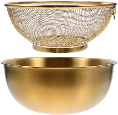 EXHUMKY Colador y Cuenco de Acero Inoxidable de 22 Cm, Juego de 2 Piezas para Escurrir Arroz y Lavar Verduras, Colador de Malla Fina Dorado, Accesorio Práctico para Cocina y Camping