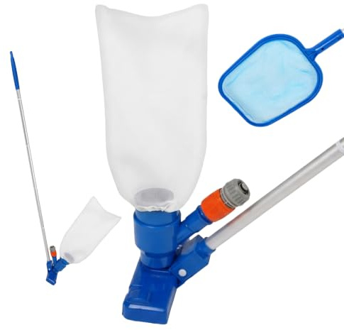 Relaxdays Set de Limpieza para Piscina, 3 Piezas, Vara Larga, Azul/Plateado