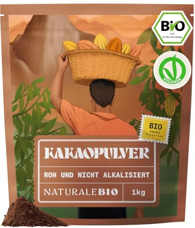 NaturaleBio Cacao Biologico in Polvere 1kg. Naturale e Puro da Fave Crude. Non Zuccherato. Prodotto dalla pianta Theobroma Cacao. Lavorato a Basse Temperature. Testato per Metalli Pesanti