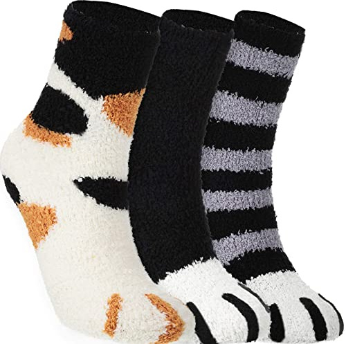 SATINIOR 3 Paia Calzini a Zampa di Gatto Morbidi per Dormire Calze da Pantofola Comodi Caldi Invernali da Donna (Nero, Nero a Strisce, Bianco, 3)