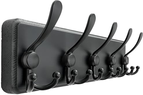 Dseap Coat Rack Wall Mount - Patented, Heavy-Duty, Modern Wooden Wall Coat Hanger Hook Rail with 5 Triple Hooks for Winter Coats Hat Jacket Clothing, Black