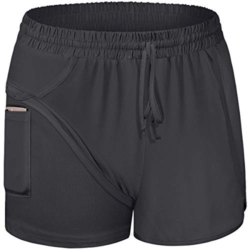 BLEVONH Black Athletic Shorts Women,Wide Band Solid Color Yoga Gym Fitness Short with Compression Liner Women Functional Sporty Running Boardshorts Ladies Workout Clothes 2XL