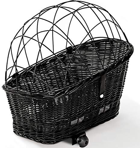 Tigana - Hundefahrradkorb für Gepäckträger aus Weide 56 x 36 cm Schwarz mit Metallgitter Tierkorb Hinterradkorb Hundekorb für Fahrrad (S-S) (XL ohne Kissen)