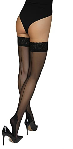 Annes styling - Calze Autoreggenti Da Donna Con Cucitura Posteriore 20 Denari Sensuali Calze Sexy In Pizzo Alte Alla Coscia Con Silicone, Nero TG-7/8