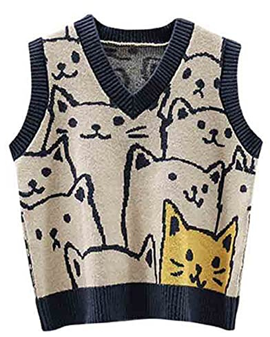 Dawwoti Women’s Knitted Sweater Vest Sleeveless Pullovers Jumpers Cat Pattern Sweatshirts for Winter Autumn Spring