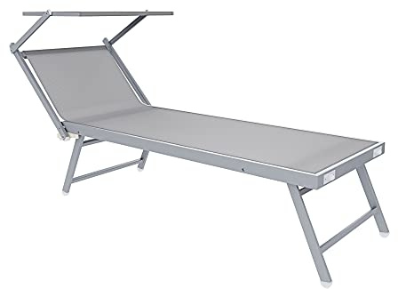 Lettino Prendisole Pieghevole Professionale In Alluminio Tessuto Textilene 720 gr/m² Tettuccio Orientabile Parasole Sdraio Prendi Sole Mare Spiaggia Piscina Giardino 182 x 60 x 38 cm (Grigio)