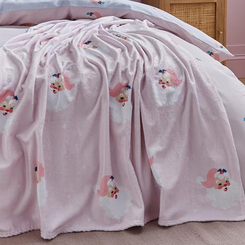 Catherine Lansfield Vintage Christmas Santa Cosy Fleece 130x170cm Blanket Throw Pink