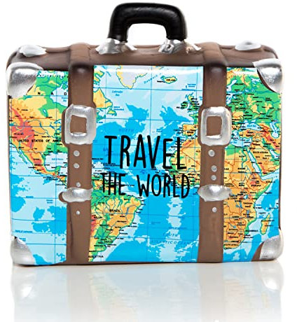 Salvadanaio valigia ceramica apribile: cassa risparmio viaggio con mappa mondo, porta soldi vacanze, idea regalo matrimonio e compleanno, scatola risparmiare per adulti e bambini, 14 x 13 x 6 cm