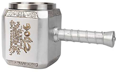 Thor Hammer-Becher, Bierkrug im nordischen Stil, Dekoration, Edelstahl, Harz, nordische Mythologie, Mjolnir-Bierkrug mit Korkenzieher, Milchkaffeetasse, 450 ml, Silber