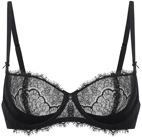 DOBREVA Femme Soutien Gorge Balconnet Push Up avec Armatures Dentelle Sexy Grande Taille Noir 95G