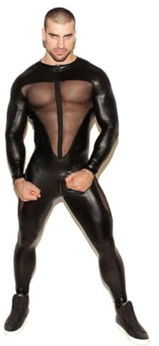 Rvlaugoaa Tuta Intera in Pelle Pizzo da Uomo,Nero Maniche Lunghe Cerniera Bodysuit,Tutine e Body in Lattice,Jumpsuit Wetlook Catsuit (XL)