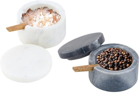 Cruiser’s Caché | Set of 2 Marble Salt Cellars with Spoons | One Each White & Gray | For Gourmet Salts, Pepper, Spices & Seasonings | Small Round Lidded