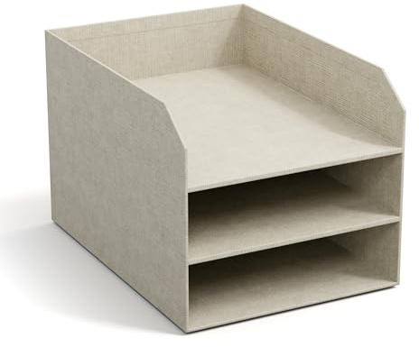 BIGSO Trey 3-stufige Briefablage – praktische Ablagefläche für Briefe, Dokumente in DIN A4-Format – Ordnungssystem aus Faserplatte mit Papier in Leinenoptik – beige