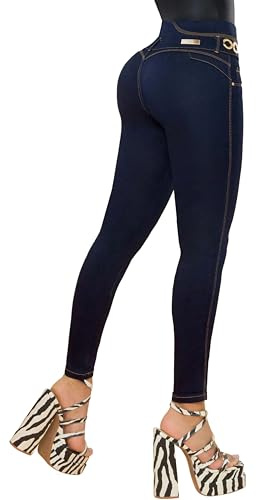 Fiorella Shapewear Pantalones Colombianos Levanta Cola | Butt Lifting Colombian Jeans for Women | High Rise Waisted Push Up | Dark Blue 517DB