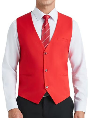 HISDERN Panciotto Uomo Rosso Formale Elegante Classico Gilet da Abito Uomo Cotone Matrimonio Panciotti in Tinta Unita Con Tasche L