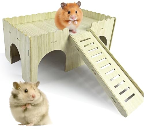 WIYETY Großes Meerschweinchenhaus Hamsterhaus Holzhaus mit Rampe 4 Eingänge Meerschweinchenspielzeug DIY Dekoration Meerschweinchen Zubehör 38 x 25 x 18 cm
