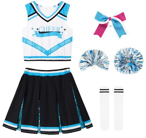 LOLANTA Cheerleader-kostüm Kinder, Seeblau Cheerleader Uniform mit Pompoms Socken Kopfschmuck, Karneval Cheerleading Kostüm Mädchen(9-10 Jahre, Tag 140)