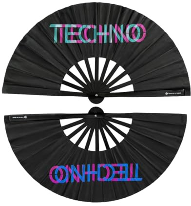 Techno-XL - Ventaglio a mano con luce UV, con leggero luccichio verde, l'accessorio indispensabile per Techno Rave Festivals Club, pieghevole, grande, in legno di bambù, nero