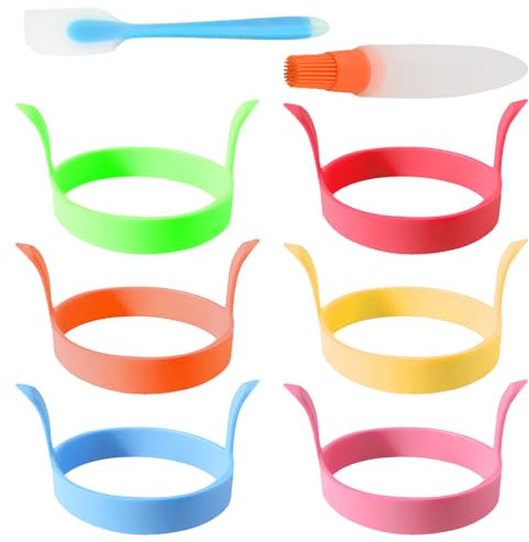 Frittata in Silicone Anelli Uova,6 Stampo in Silicone per Uova Fritte,1 Pennello Per Olio Di Silicone,1 Raschietto in silicone,Anelli per Frittata, Set di Anelli per Pancake, Adatti per Uova Fritt