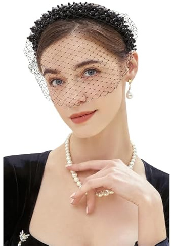 HIQIU 1920-tals flapper fascinator mesh pärla slöja pannband brud bröllop te party fascinator slöja för kvinnor (svart, en storlek)