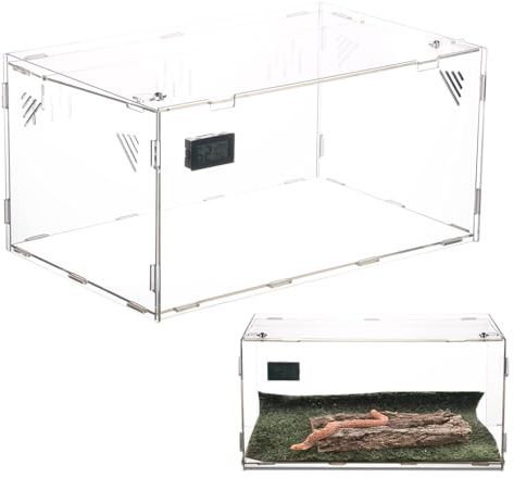 Homtone Acryl Terrarium, 30x20x15cm Schnecken Terrarium mit Temperatur Hygrometer, Großes Transparent Reptile Fütterungsbox, Tragbarer Reptilien-Zuchtbox für Gecko, Chamäleon