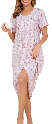 Vlazom Women's Long Nightgown Pleated Casual Nightdress Short Sleeve Soft Nighties Nightwear with Pockets S-XXL
