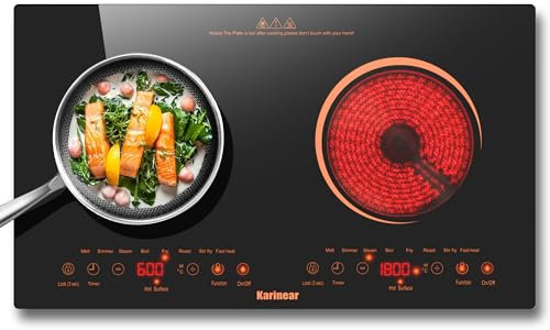 Karinear Placa vitrocerámica 2 fuegos con enchufe, 60cm, Portátil, Independiente, Borde naranja, Calor infrarrojo,Temporizador, Bloqueo para niños, Control táctil, 9 niveles de potencia