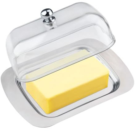 Zosenyer Beurrier en Acier Inoxydable, Boîte à Beurre 19x12x7 cm avec Transparent Couvercle et Poignée, 250g Polyvalent Conteneur de Beurre Fromage Gâteaux Fruit Salade, Boite Butter Dish pour Frigo