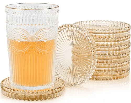 Modern Clear Glass Coasters Set of 8, Cute Coasters Table Mats for Drinks | Crystal Cup Coaster Chic Home Decor for Kitchen, Bar, Dining Room, Living Room, Patio, Wedding, Party, Clear Amber, Round