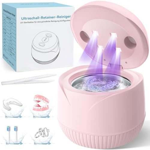 Ultraschallreinigungsgerät 45000Hz Ultraschallreiniger 200ML Dental Pod - Ultrasonic Cleaner für Zahnersatz, Retainer, Aligner Zahnschiene, Prothesen, Schmuck mit digitalem Timer Rosa