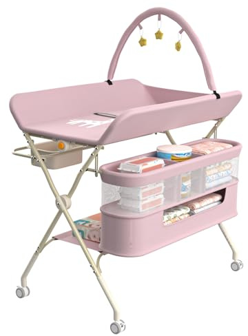Supfine Table à Langer Pliable, Plan à Langer avec Panier Latéral et Tringle de Suspension, Réglable en Hauteur, avec roulettes Verrouillables et 3 Jouets Étoiles (Rose, 5 en 1)
