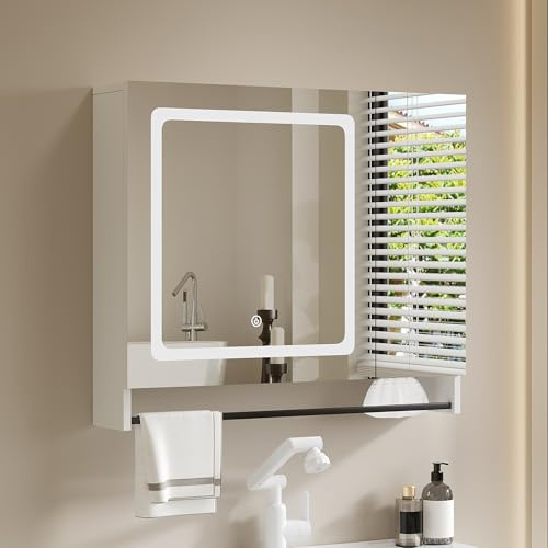ChooChoo Bathroom Medicine Cabinet with Mirror, Modern Mirror Cabinet with LED Lights, Bathroom Wall Cabinet with Adjustable Shleves, Towel Bar, White