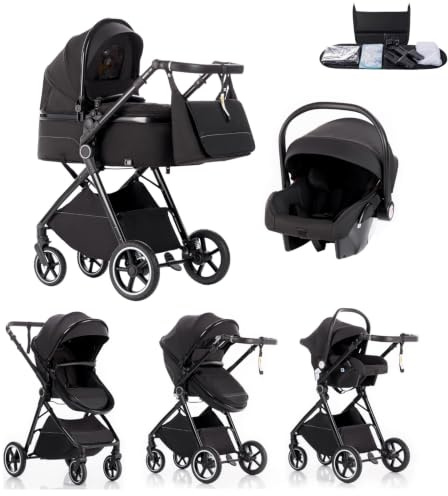 Kakbgee Passeggino 3 in 1 con Seggiolino Auto, Carrozzina Piegevole, 7-Altezza Regolabile, Sospensione 4 Ruote, Copripioggia e Zanzariera, Baby Stroller per Neonati 0-3 Anni (15kg), Nero