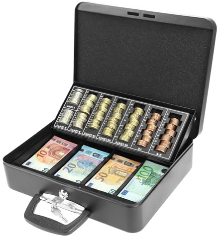 QWORK® Caja con llave, negro 30X 24 X 9CM caja dinero, caja caudales con tabla para contar monedas, para casa, supermercado