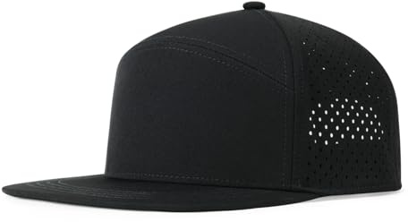 FEINION Mens Flat Brim Performance Snapback Cap Adjustable Laser Cut Mesh Baseball Hat (Black)