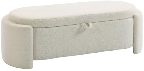 HOMCOM Panca portaoggetti, con estremità ovale, poggiapiedi imbottito in pile Teddy con seduta larga, carico 200 kg, cassettiera per soggiorno, camera da letto, ingresso, 129 x 48,5 x 44 cm, color
