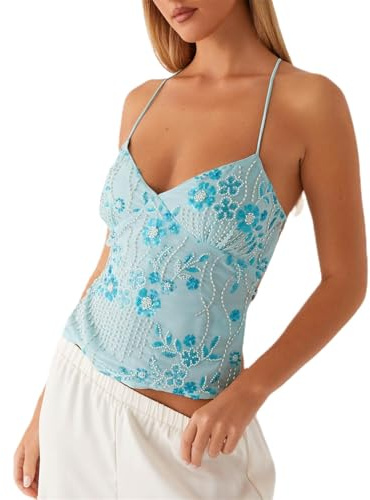 LYGBAOFUL Halter-topp med paljetter, låg skuren kåpa Glittrig Y2K Tank Party Cami, rygglös glitter Rhinestone-utsmyckade toppar