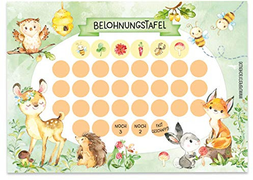 Papierdrachen Belohnungstafel Set für Kinder als Abreißblock 10 Blatt - Motivierendes Konzept als Erziehungshilfe - mit tollen Stickern für Jungs und Mädchen - Motiv Waldtiere Set 1