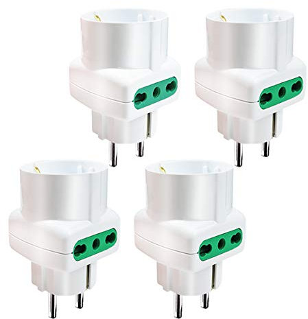 EXTRASTAR Adattatore Triplo con 2 Prese Bivalenti, 1 Presa Pluristandard e Spina Schuko 16 A, per i viaggi in Germania,Spagna,Portogallo,Austria,Grecia,Turchia Bianco,Confezione da 4.