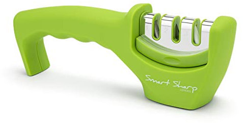 Lantana Smart Sharp Knife Sharpener - Professional 3 Stage Manual Sharpener for Sharpening Kitchen Knives - Ceramic Stone, Tungsten Carbide Plates, Diamond rods. Ergonomic Design (Green)