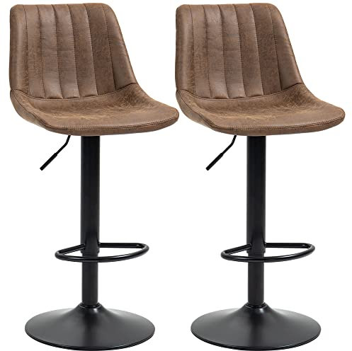 HOMCOM Bar Stools Set of 2, Swivel Counter Height Barstools with Back, Adjustable Bar Chairs, Breakfast Dining Stools for Kitchen Island Counter with Adjustable Steel Footrest & Base, Brown