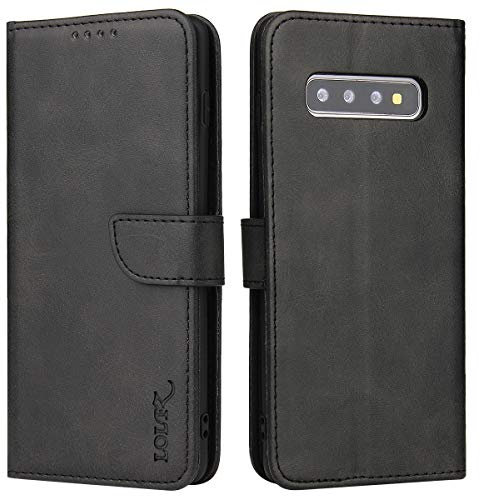 LOLFZ Wallet Case for Samsung Galaxy S10, Vintage Leather Book Case with Card Holder Kickstand Magnetic Closure Flip Case Cover for Samsung Galaxy S10 - Black