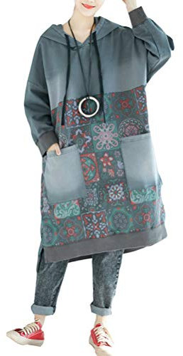 FTCayanz Damen Hoodie Kleid Pullover Oversize Kapuzenpullover Lange Sweatshirts Pulloverkleider 2-Grau