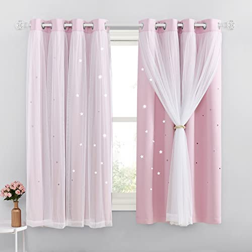 NICETOWN Blackout Curtains for Bedroom - Stars Cut Out Curtains for Kids Nursery Girls Living Room Thermal Curtains Drapery with Eyelet for Windows, 2 Panels, W52 x L54 Inch (132x137 cm), Pink