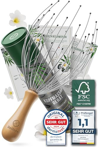 HELDSON® Premium Kopfmassage Spinne 32 Finger - FSC®100% - Kopfmassagegerät - Kopfkrauler Kopf Massage & Haarmassage - Kopfhaut Massagegerät - Head Massager - Kopfkratzer - Wellness Geschenk