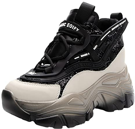 ANUFER Donna Piattaforma Alta Chunky Scarpe da Ginnastica Lucido Paillettes Moda Tacco a Zeppa Sneakers Nero SN070147 EU35.5