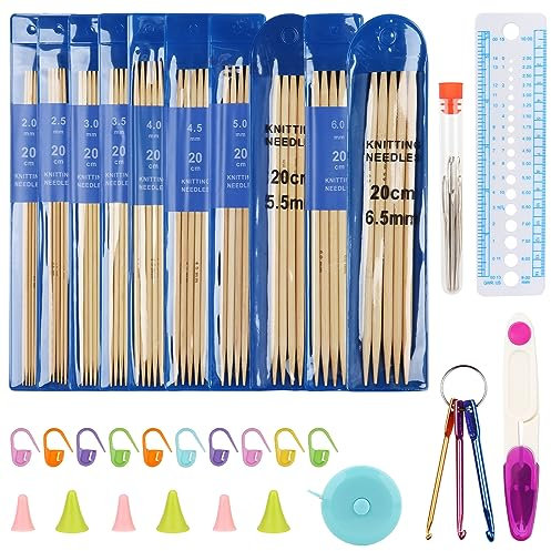 Coopay Bambus Stricknadeln Set, 2,0-6,5 mm Doppelspitzen Mit Zubehör, 50 Stück Leicht Gerade Nadelspiel, 20 cm Kurze Für Socken & Anfänger Sockennadeln Set