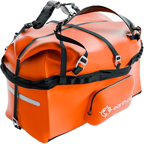 Earth Pak Waterproof Duffel - Large 160L Dry Bag 1680D TPU - Heavy Duty Camping Gear - 8x8 Popout Pocket - Boat and Marine Gear for Kayaking (Orange)
