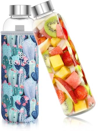 BELICOO BPA-Free Glass Water Bottle 550ml/18oz Borosilicate Leak Proof Portable for School Office Home Travel Sport with Neoprene Carrying Sleeve and Nylon Bottle Brush (Cactus)